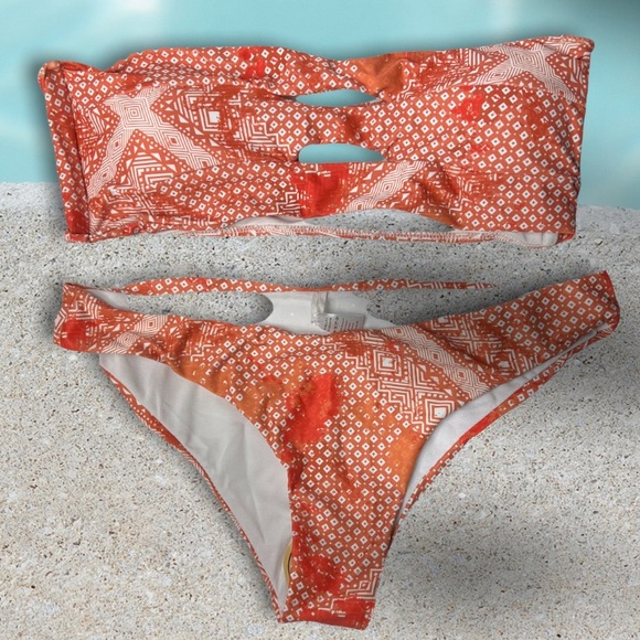 Bandeau Bikini Orange geometrical design Swimsuit Size XL - Picture 1 of 8